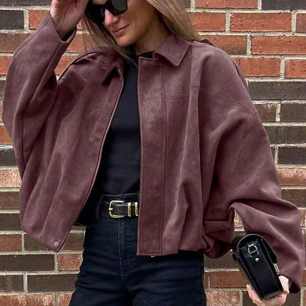 Burgundy Casual Women's  Loose Long Sleeves Zip Bomber Coat Jacket Outerwear - Picture 4 of 6